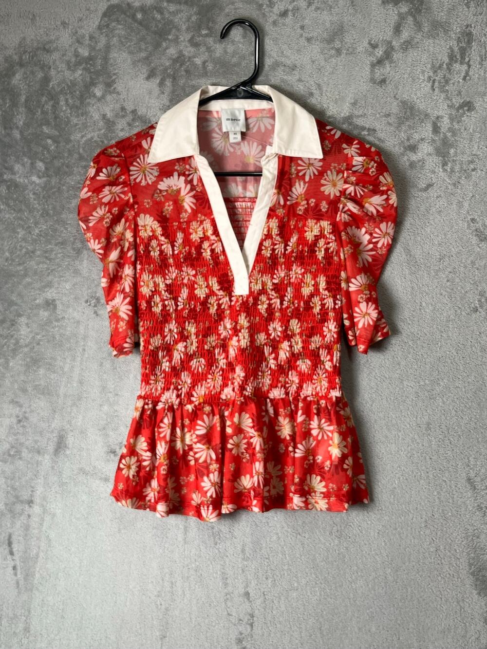 Maeve Anthropologie Short Sleeve Smocked Polo Top Orange Floral Peplum XS New